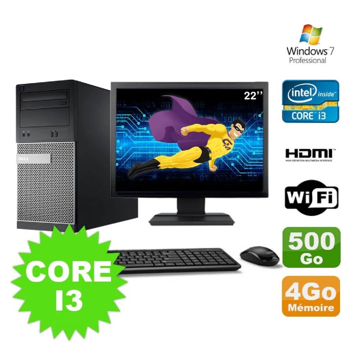 Lot PC Tour DELL 3010 MT I3-2120 Graveur 4Go 500Go HDMI Wifi W7 + Ecran 22""